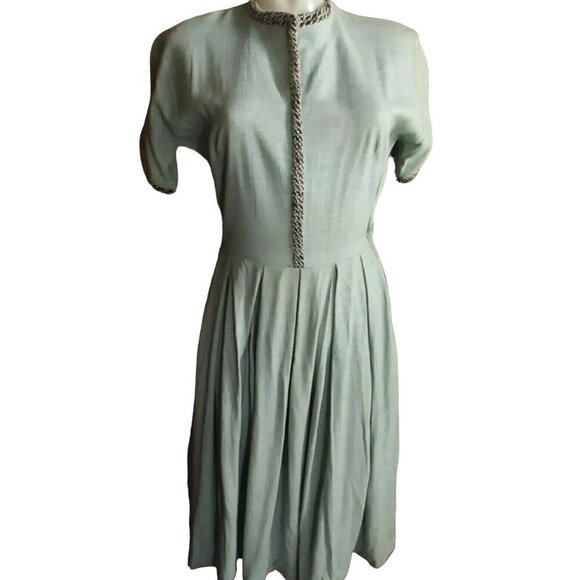Vintage Womens MCM Dress 40s 50s 6/8 Pleated Baby Blue Rayon Pencil Sock Hop - Picture 1 of 12